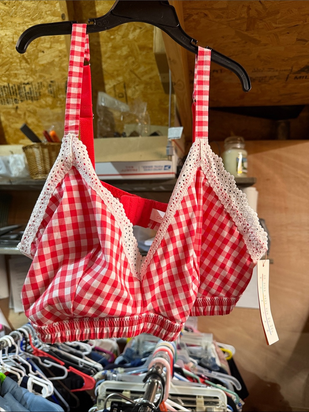 Colsie Red & White Gingham Lace-Trim Bralette